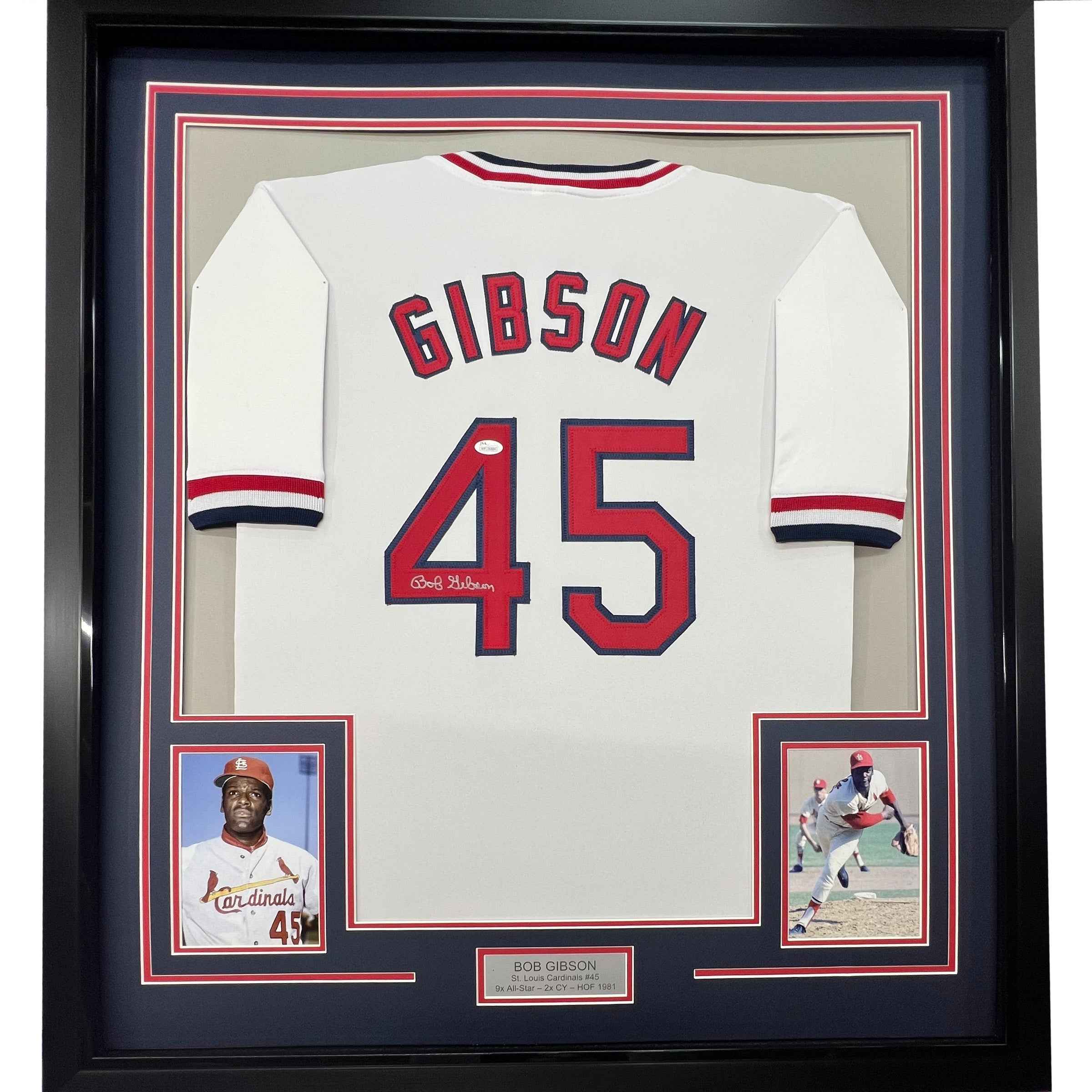 Framed Autographed/Signed Bob Gibson 35x39 St. Louis White Baseball Jersey JSA COA