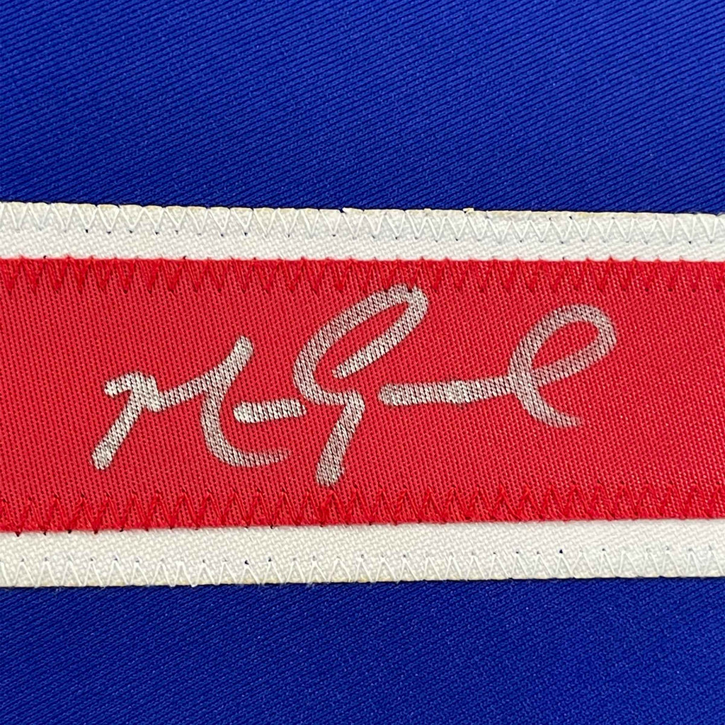 Framed Autographed/Signed Mark Grace 35x39 Chicago Blue Baseball Jersey JSA COA