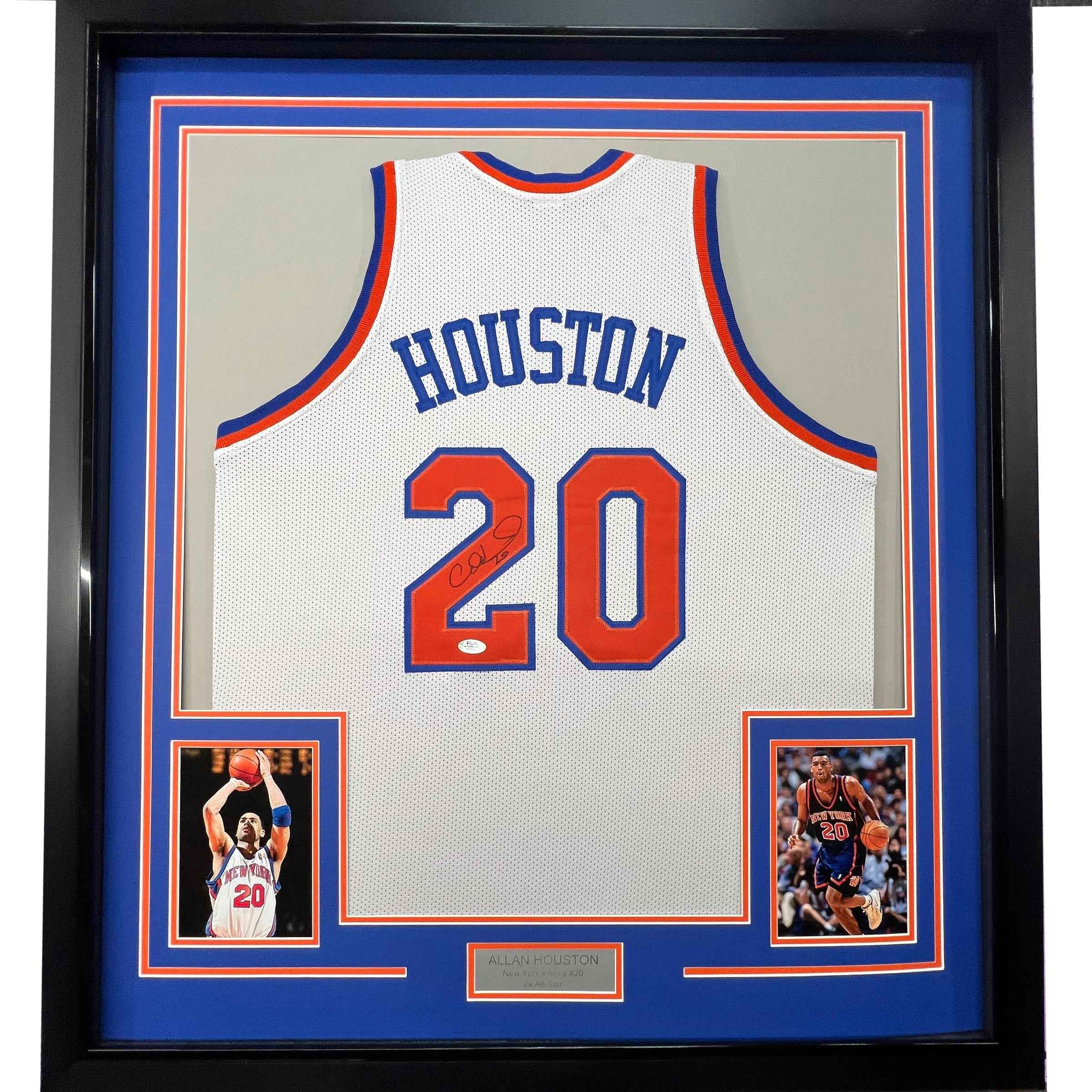 Framed Autographed/Signed Allan Houston 35x39 New York White Basketball Jersey PSA/DNA COA