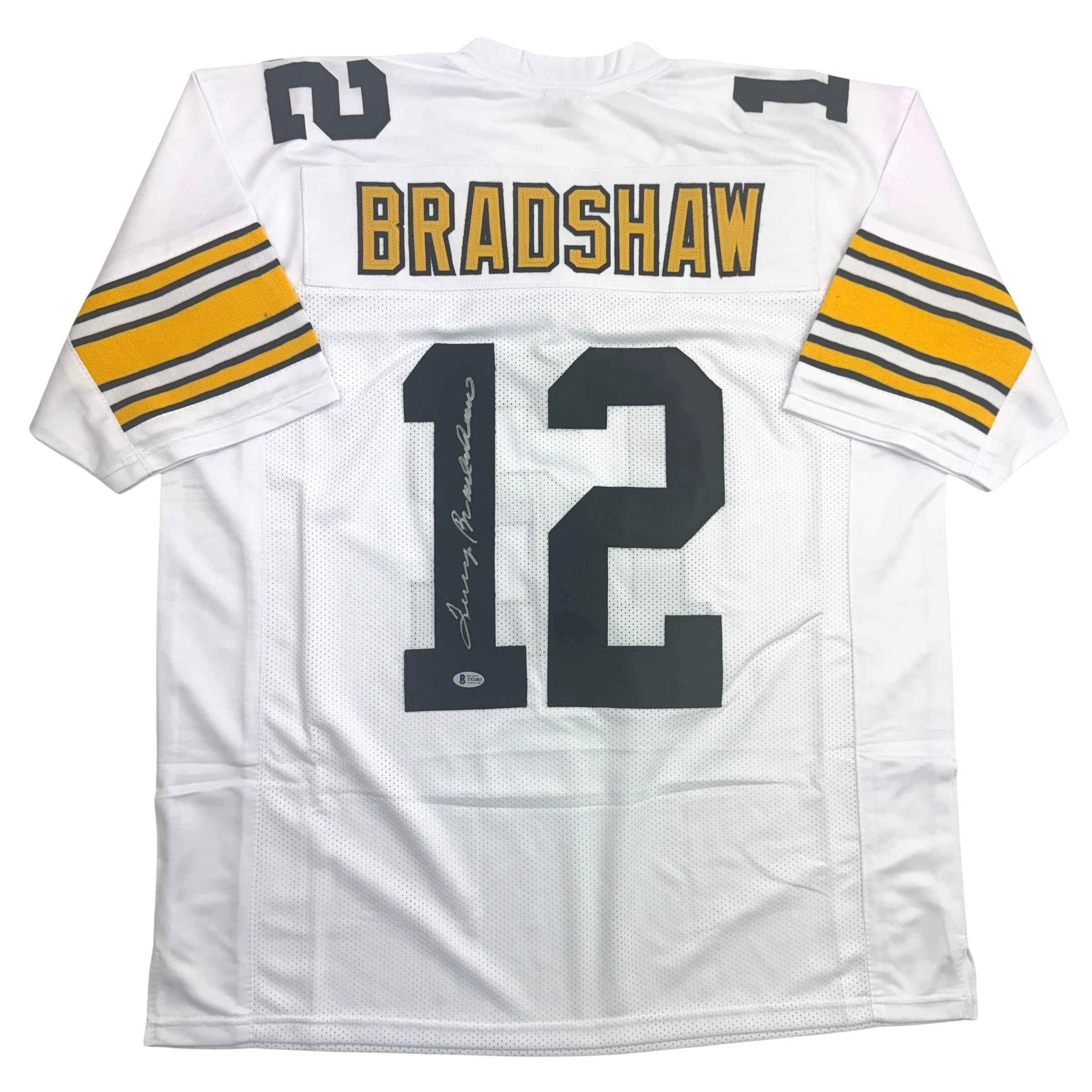 Autographed/Signed Terry Bradshaw Pittsburgh White Football Jersey Beckett BAS COA