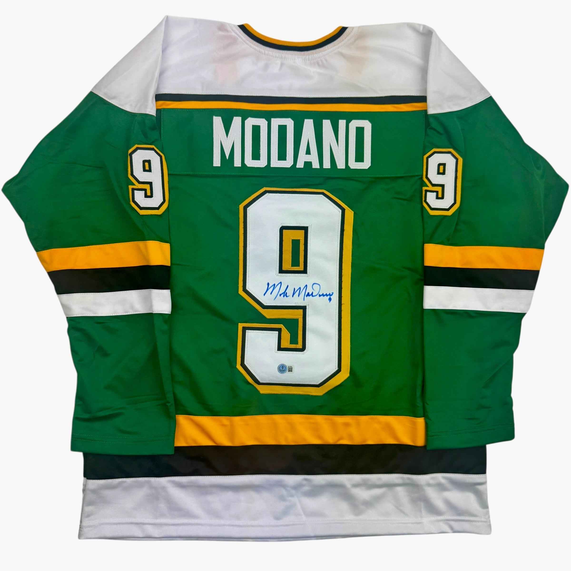 Autographed/Signed Mike Modano Minnesota Green Hockey Jersey Beckett BAS COA