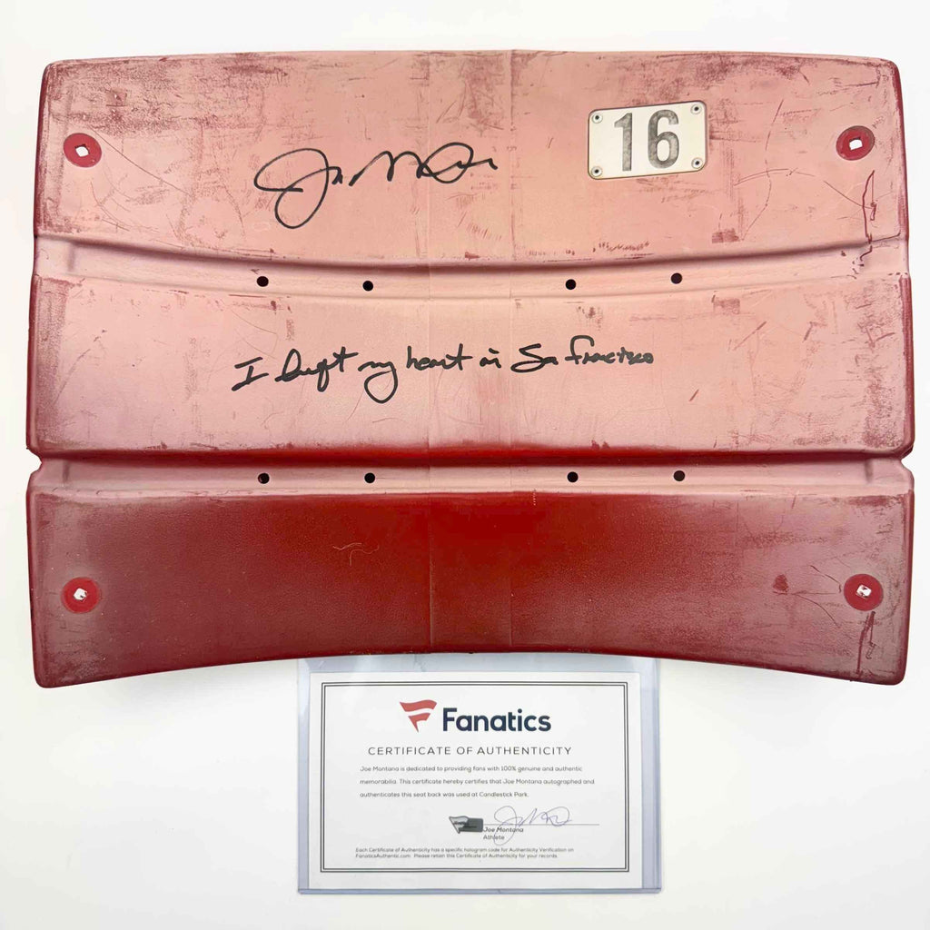 Autographed/Signed Joe Montana RARE Candlestick Park Seatback "I Left My Heart In San Francisco" Fanatics COA