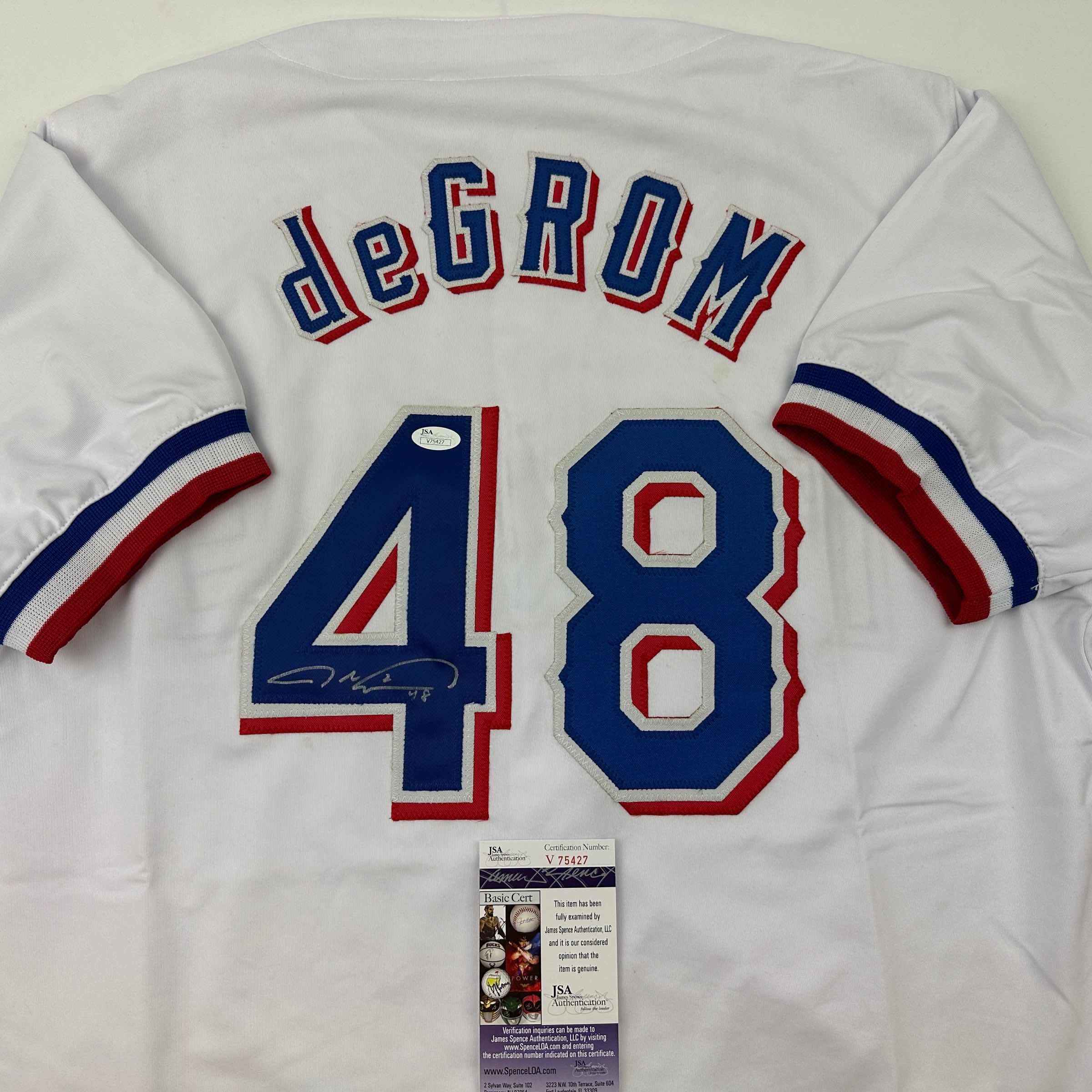 Autographed/Signed Jacob DeGrom Texas White Baseball Jersey JSA COA