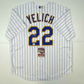Autographed/Signed Christian Yelich Brew Crew Milwaukee Brewers Pinstripe Cool Base Baseball Jersey JSA COA