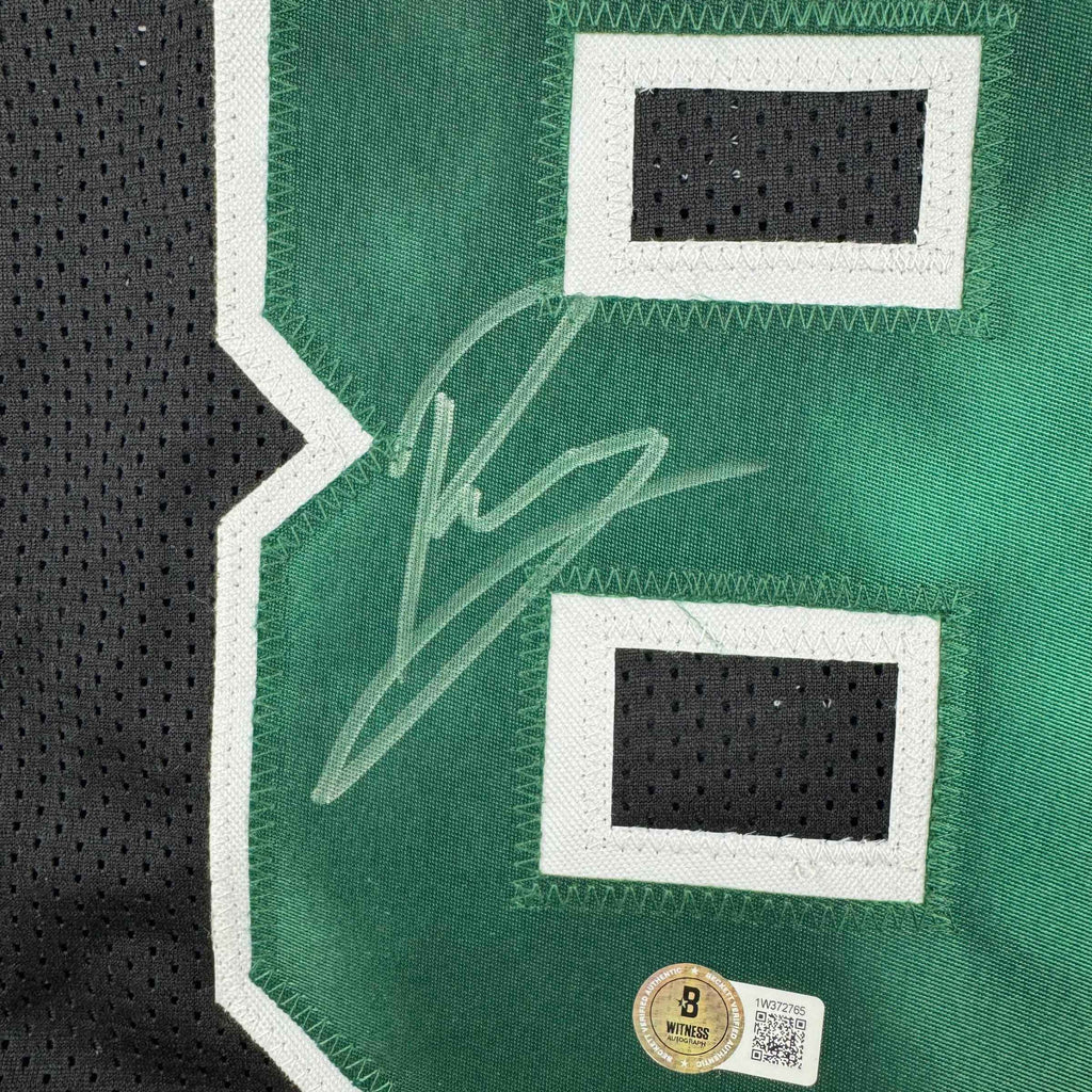 Framed Autographed/Signed Kristaps Porzingis 35x39 Boston Black Basketball Jersey JSA COA