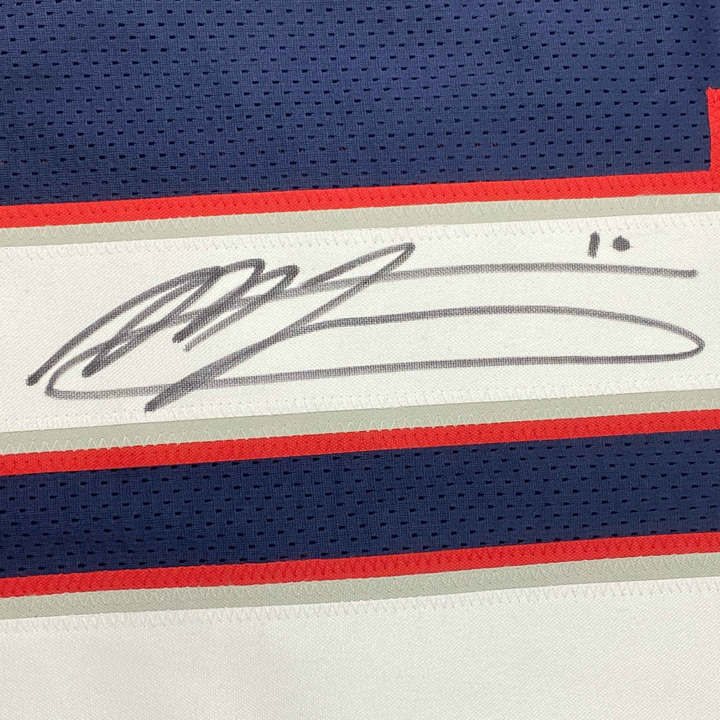 Autographed/Signed Mac Jones New England Blue Football Jersey Beckett BAS COA