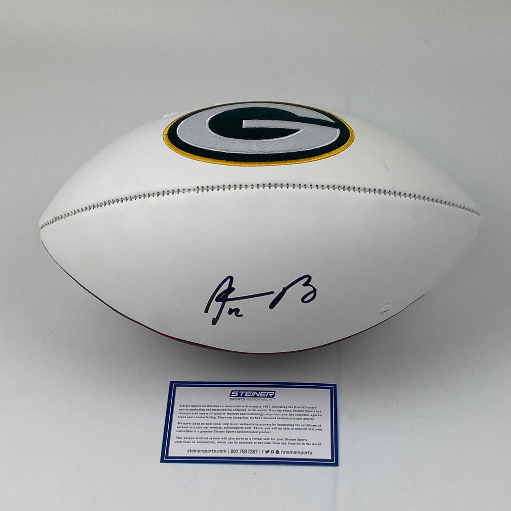 Autographed/Signed Aaron Rodgers Green Bay Packers Full Size F/S White Panel Logo Football Steiner Sports COA