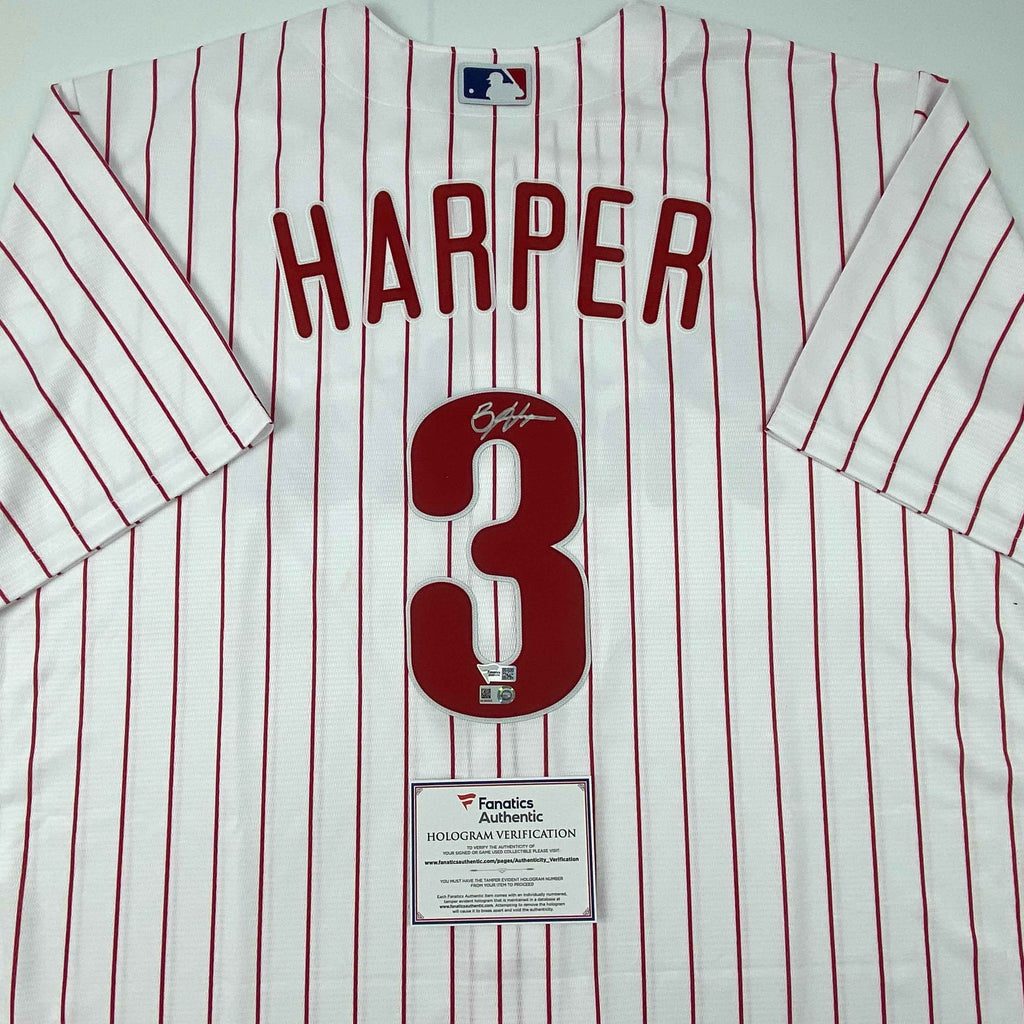 Autographed/Signed Bryce Harper Philadelphia Phillies Pinstripe Replica Baseball Jersey Fanatics & MLB COA