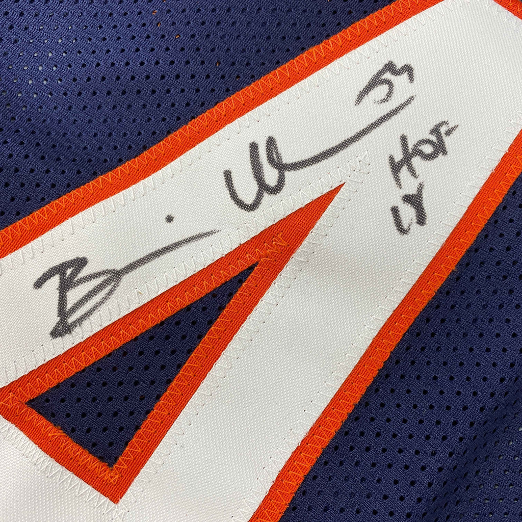 Autographed/Signed Brian Urlacher HOF 18 Chicago Blue Football Jersey Beckett BAS COA