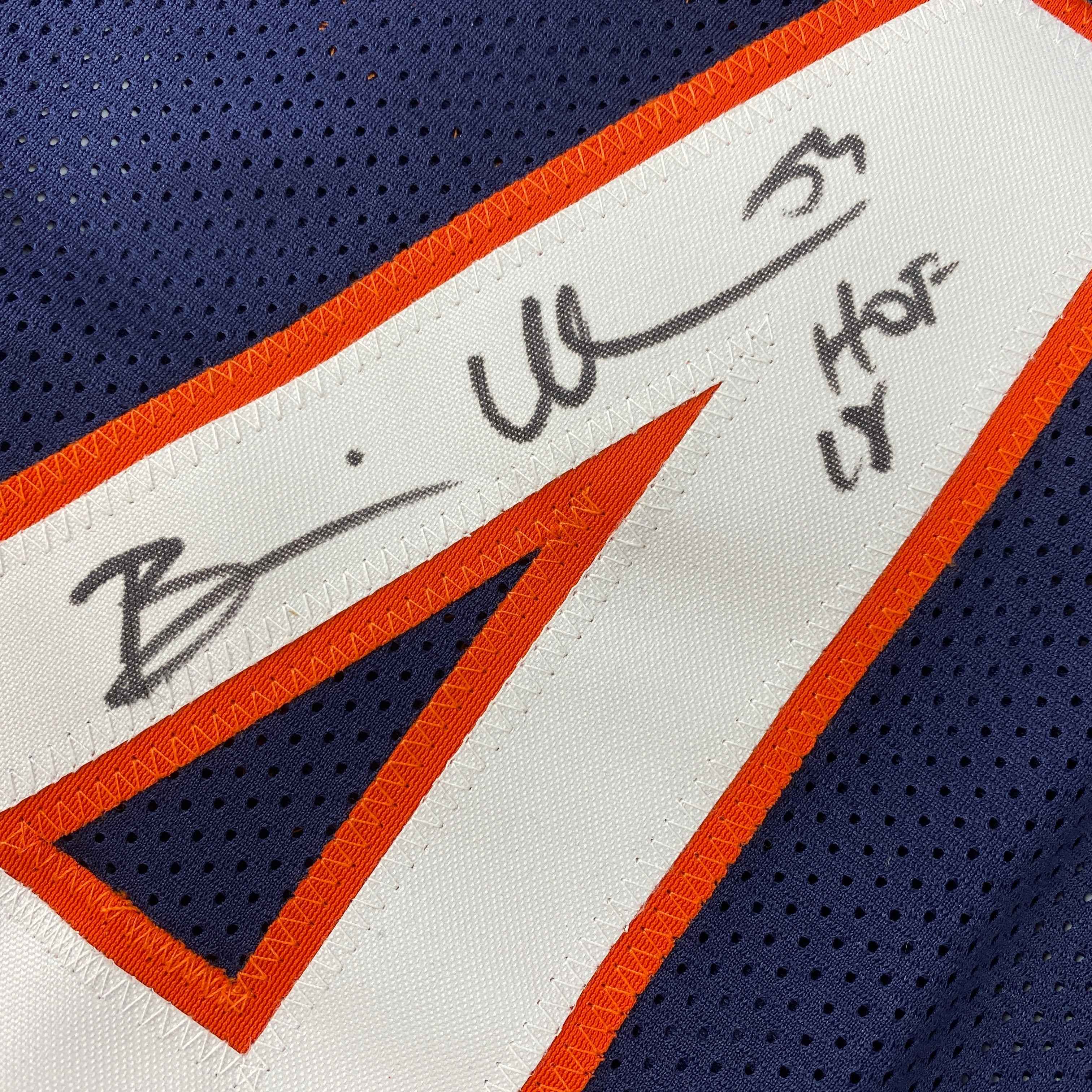 Autographed/Signed Brian Urlacher HOF 18 Chicago Blue Football Jersey Beckett BAS COA