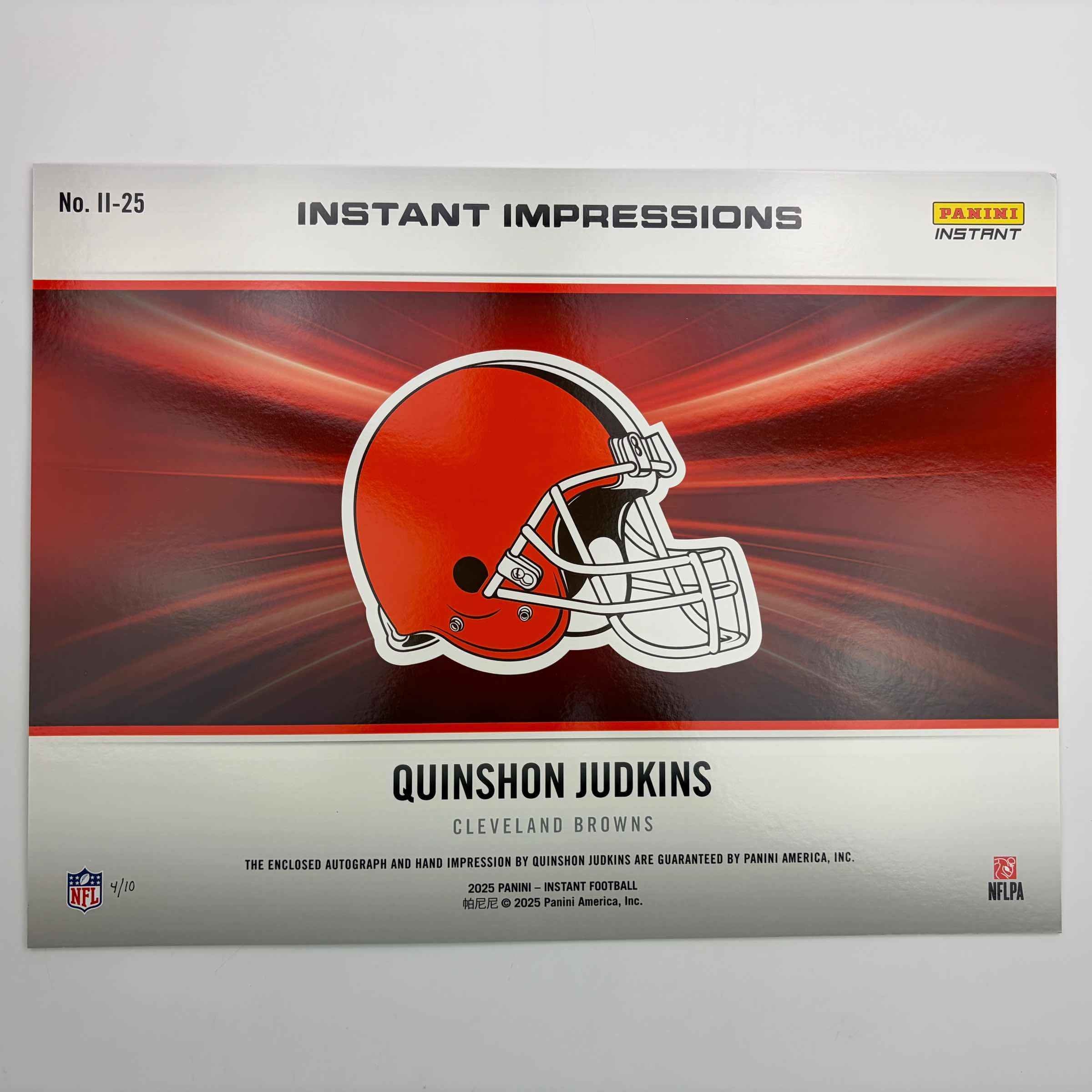 2025 Panini Instant Impressions NFL Quinshon Judkins #II-25 18x24 Hand Print Autographed Auto /10 Cleveland Browns Rookie RC Oversized Football Card