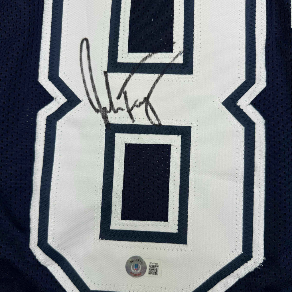 Framed Autographed/Signed Jake Ferguson 35x39 Dallas Blue Football Jersey Beckett BAS COA