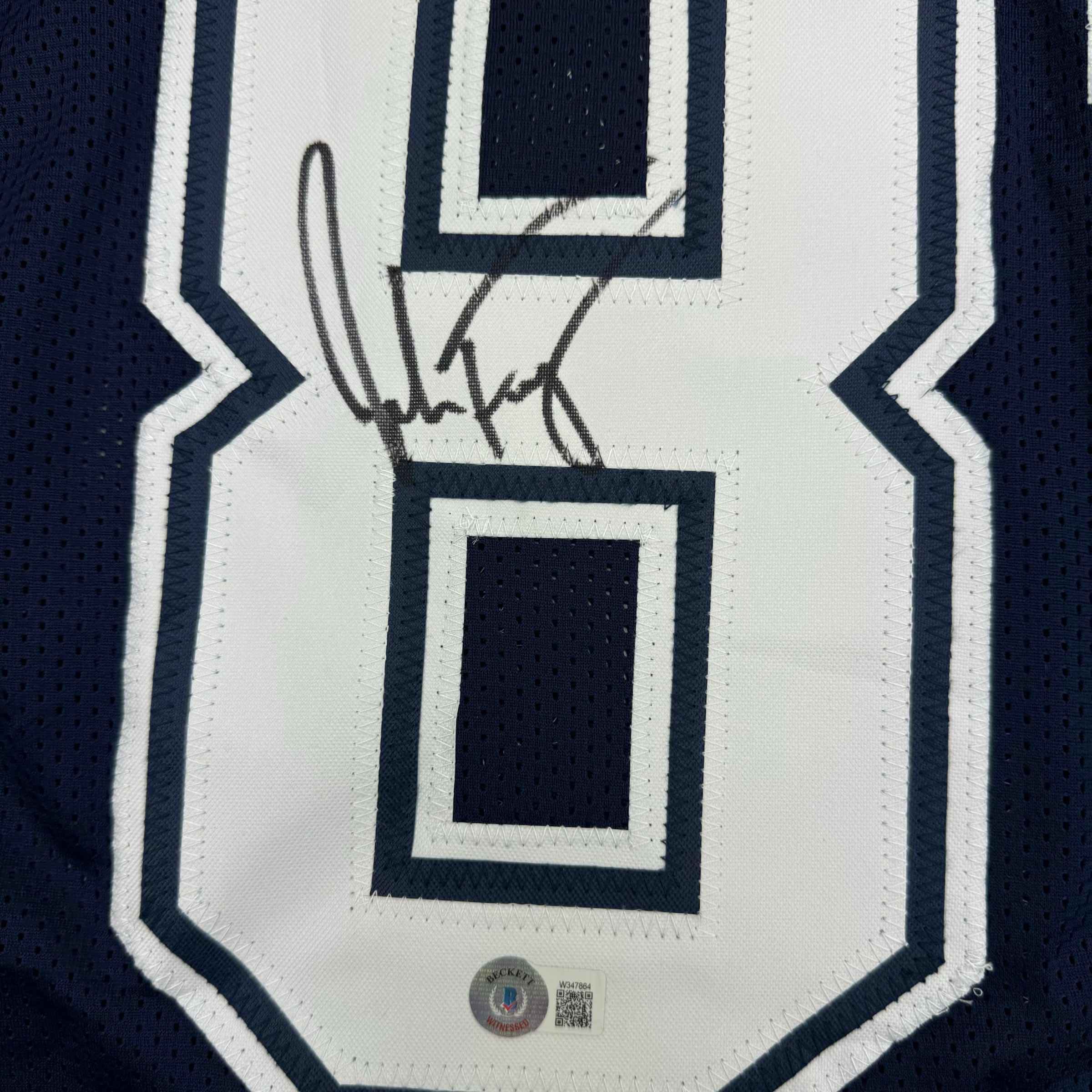 Framed Autographed/Signed Jake Ferguson 35x39 Dallas Blue Football Jersey Beckett BAS COA