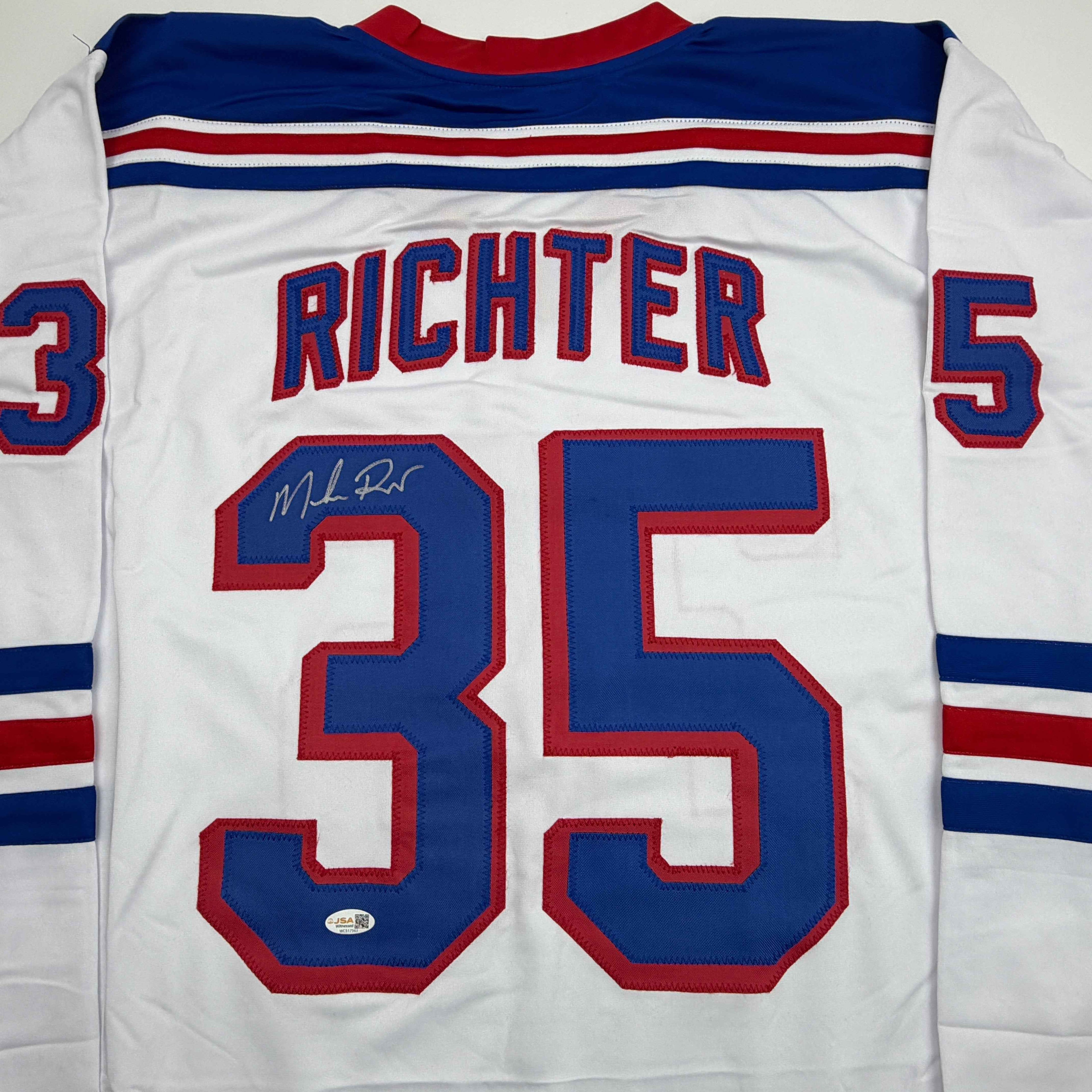 Autographed/Signed Mike Richter New York White Hockey Jersey Beckett BAS COA