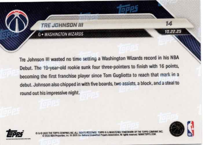 2025 Topps Now Tre Johnson #14 Black Foil /10 Washington Wizards Rookie RC Basketball Card