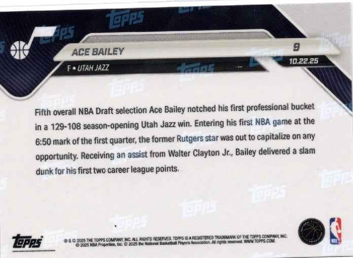 2025 Topps Now Ace Bailey #9 Gold Foil /50 Utah Jazz Rookie RC Basketball Card