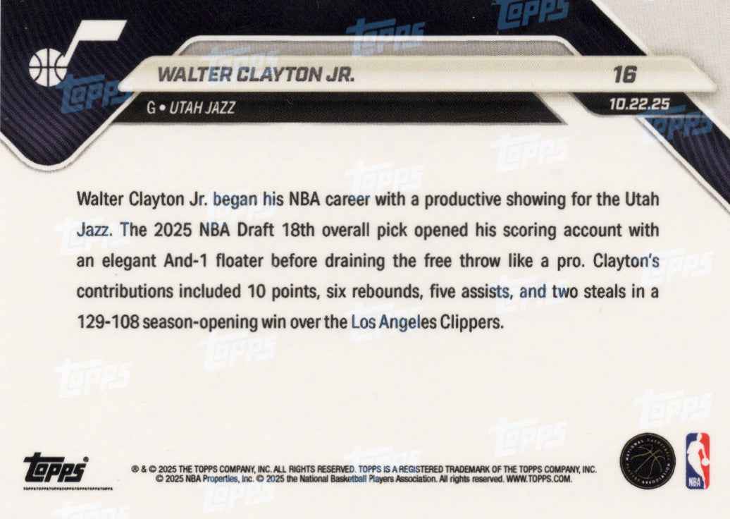 2025 Topps Now Walter Clayton Jr #16 Orange Foil /25 Utah Jazz Rookie RC Basketball Card