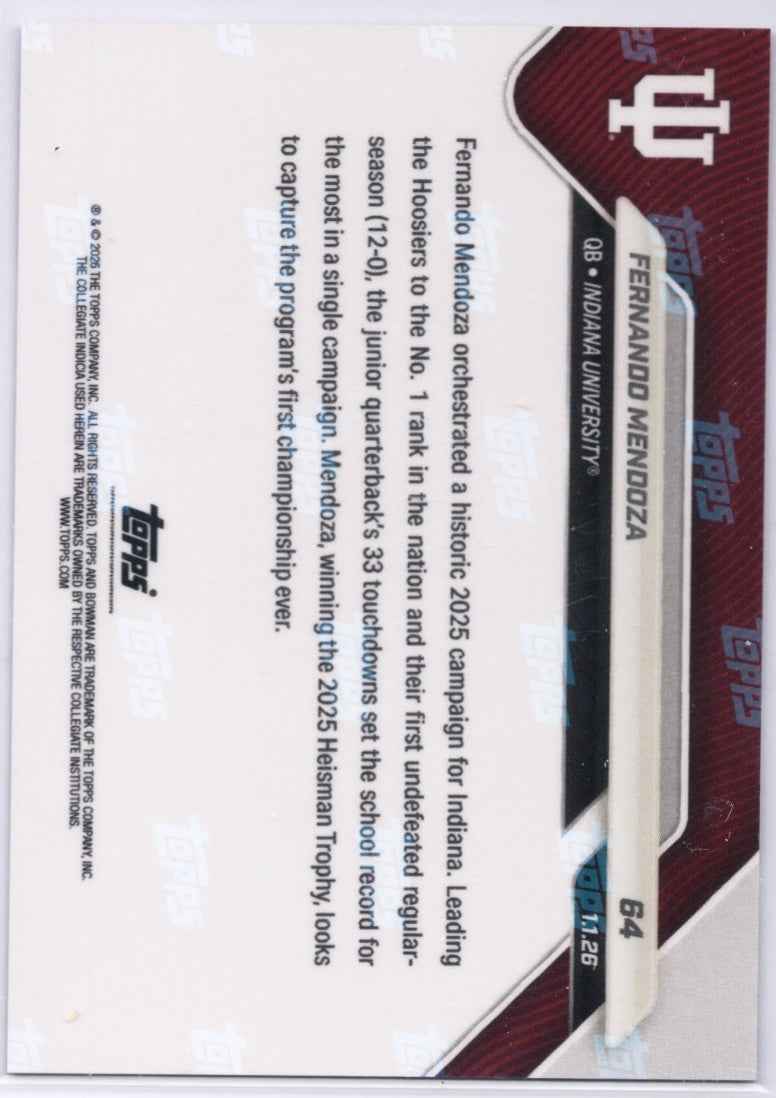 2025 Topps Bowman U Now Fernando Mendoza #64 Black Foil /10 Indiana Hoosiers Rookie RC Football Card