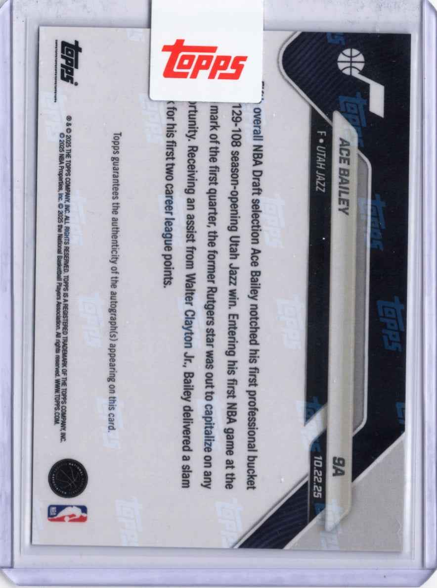 2025 Topps Now Ace Bailey #9A Black Foil Auto /10 Utah Jazz Rookie RC Basketball Card