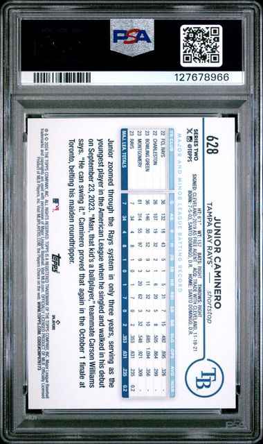 Graded 2024 Topps Junior Caminero #628 Rookie RC Baseball Card PSA 10 Gem Mint