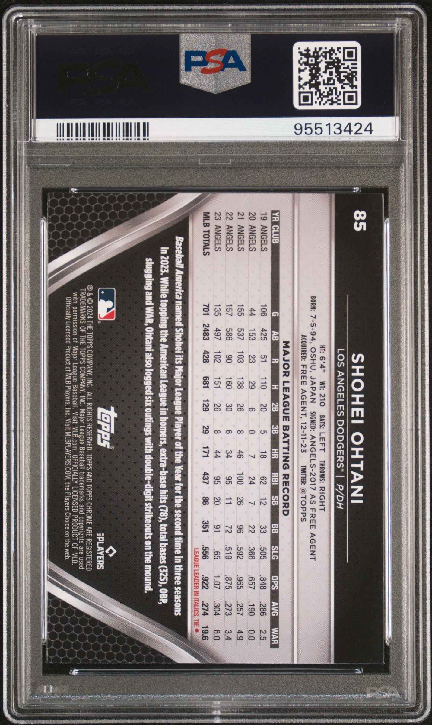 Graded 2024 Topps Chrome Black Shohei Ohtani #85 Baseball Card PSA 10 Gem Mint