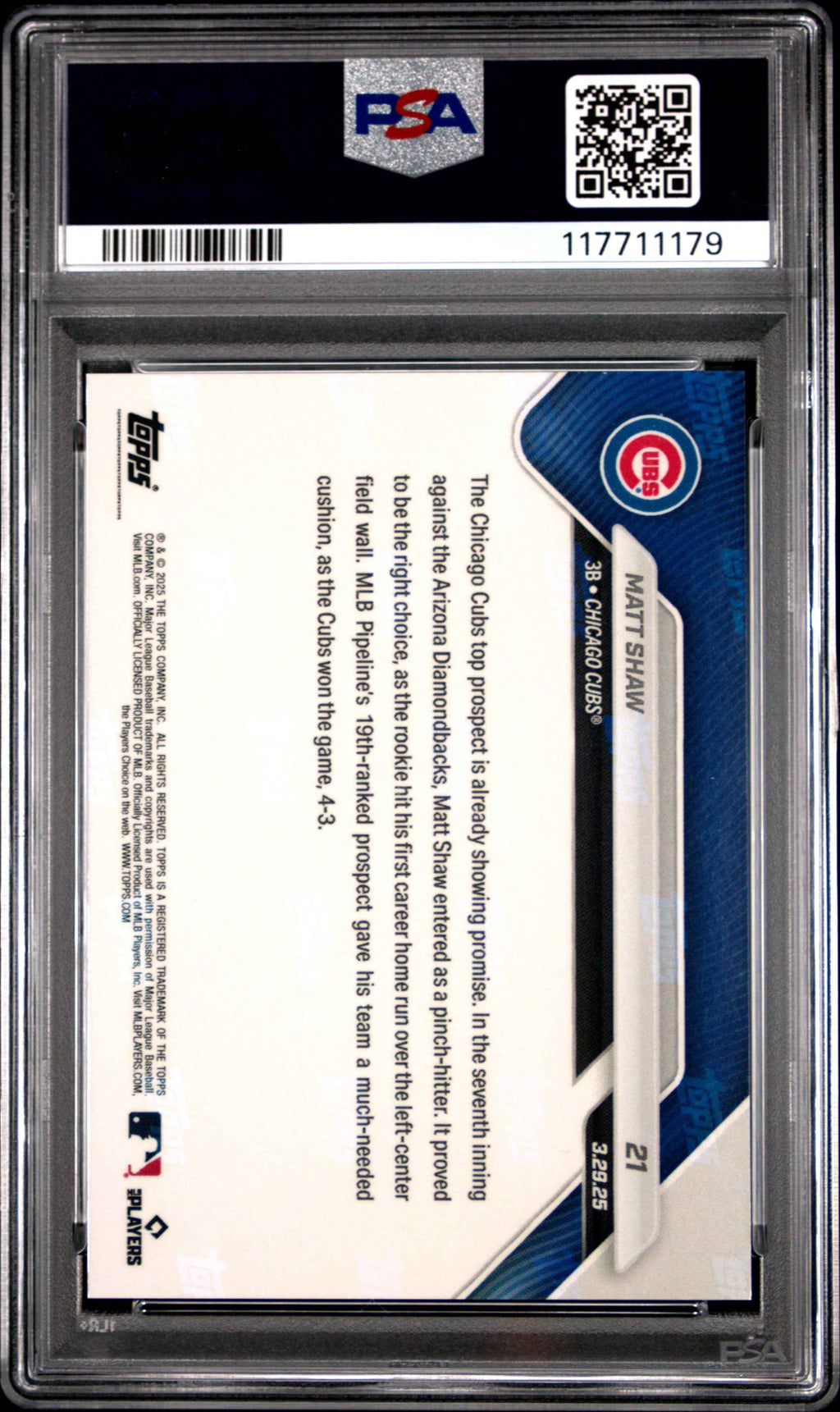 Graded 2025 Topps Now Matt Shaw #21 Rookie RC Baseball Card PSA 9 Mint