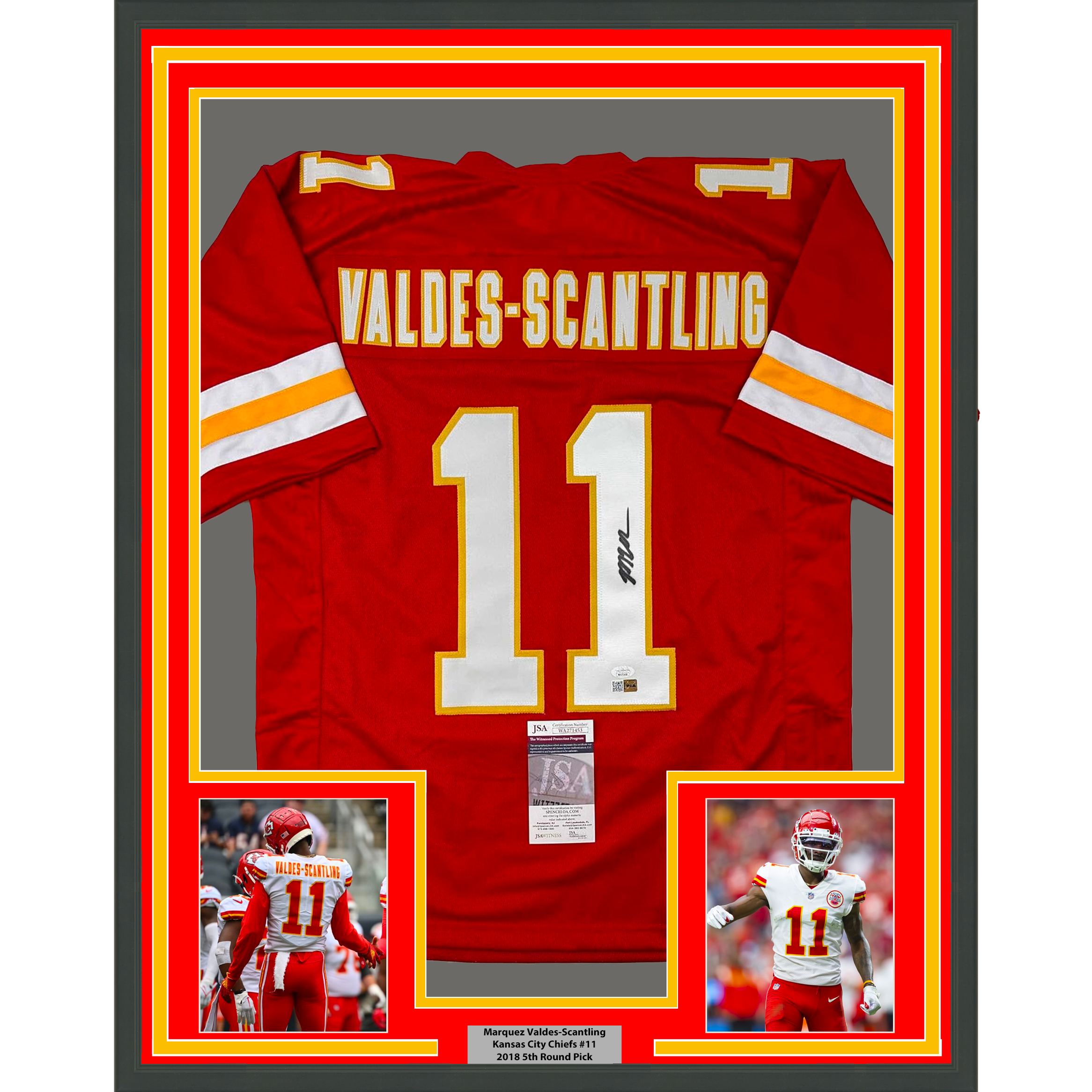 Framed Autographed/Signed Marquez Valdes-Scantling 35x39 Kansas City Red Football Jersey JSA COA