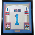 Framed Autographed/Signed Warren Moon 35x39 HOF 06 Houston White Football Jersey JSA COA