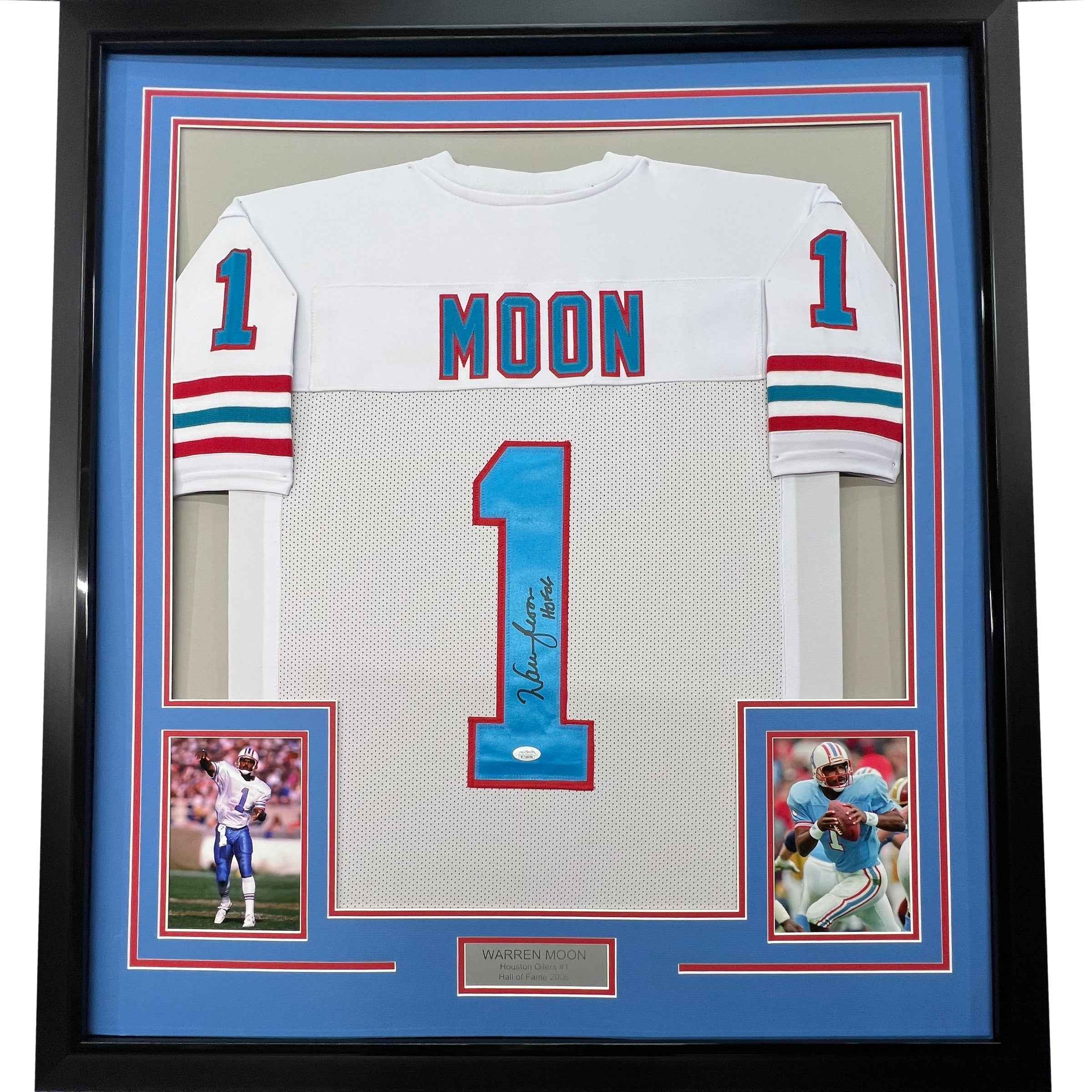 Framed Autographed/Signed Warren Moon 35x39 HOF 06 Houston White Football Jersey JSA COA