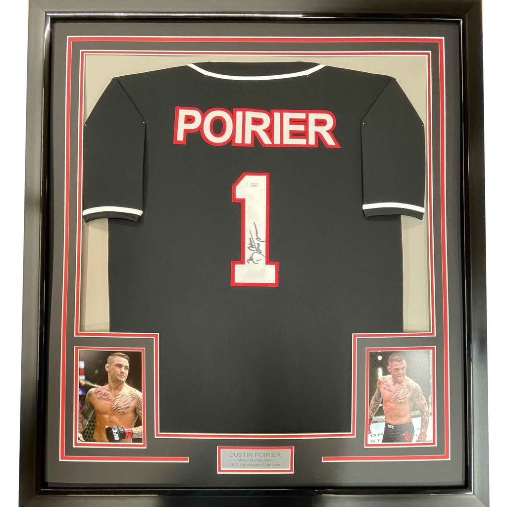 Framed Autographed/Signed Dustin Poirier 35x39 UFC MMA Black Ultimate Fighting Jersey Shirt PSA/DNA COA