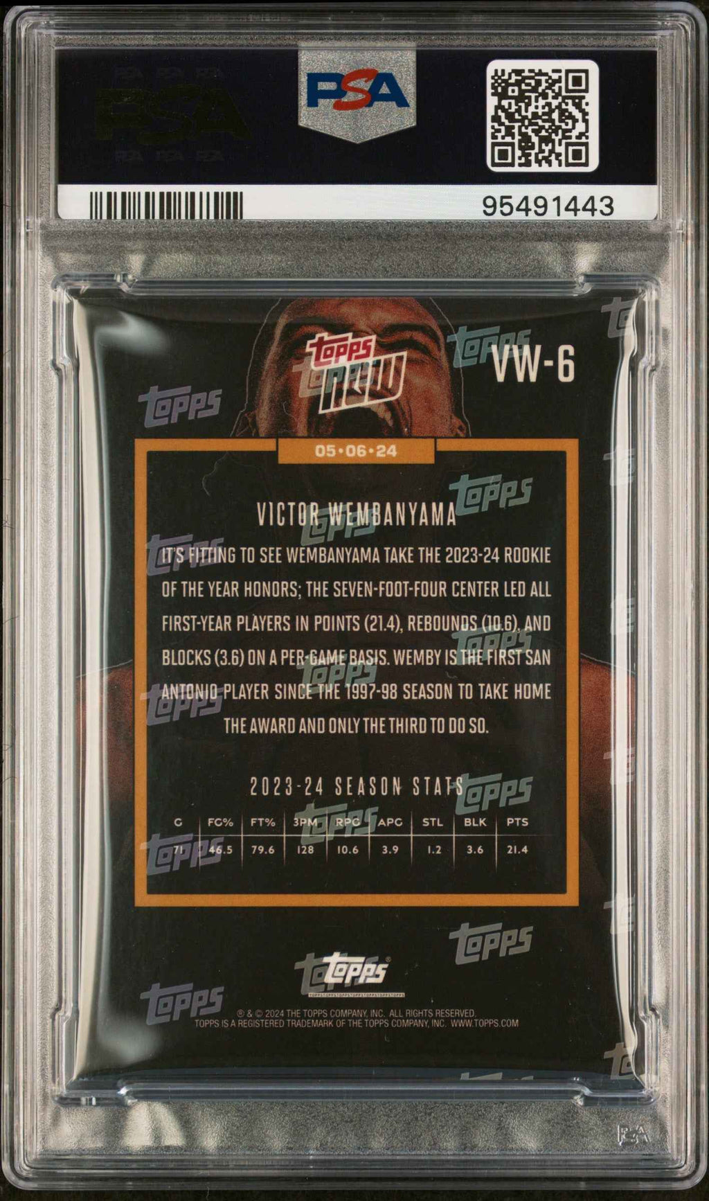Graded 2023 Topps Now Victor Wembanyama #VW6 Rookie RC Basketball Card PSA 9 Mint