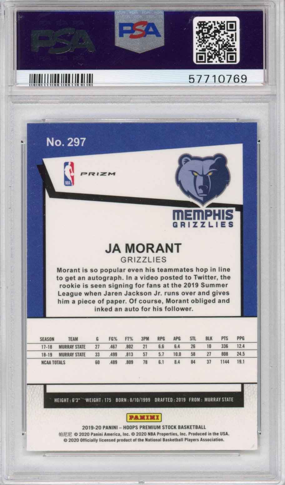 Graded 2019-20 Panini Hoops Premium Stock Ja Morant #297 Pulsar Rookie RC Basketball Card PSA 10 Gem Mint