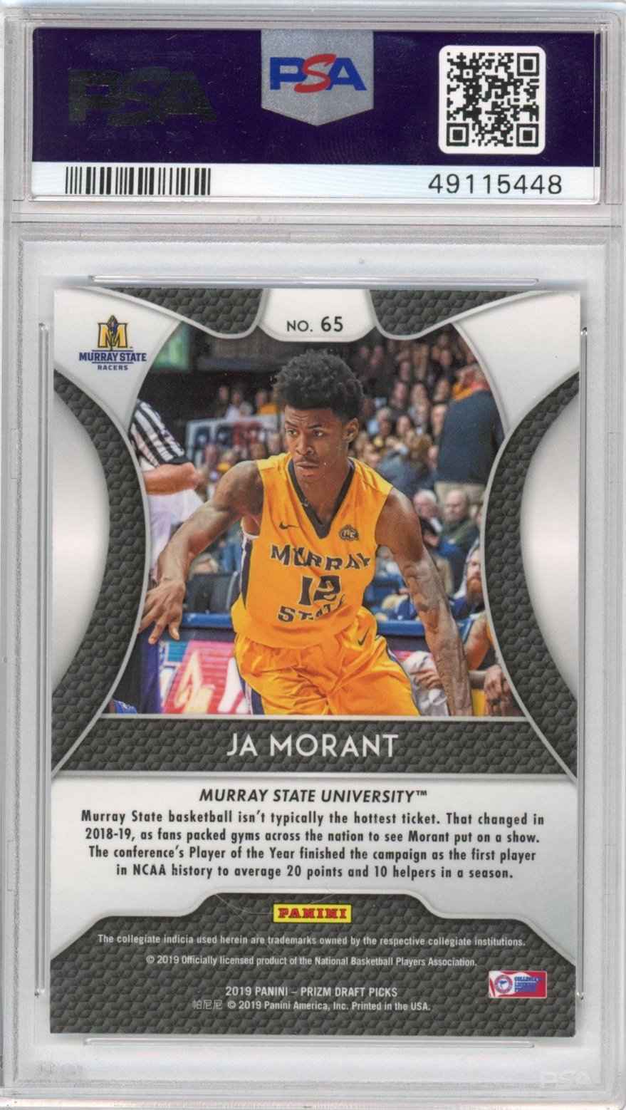 Graded 2019-20 Panini Prizm Draft Picks DP Ja Morant #65 Rookie RC Basketball Card PSA 10 Gem Mint
