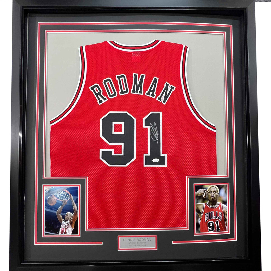 Framed Autographed/Signed Dennis Rodman 35x39 Chicago Red Basketball Jersey JSA COA
