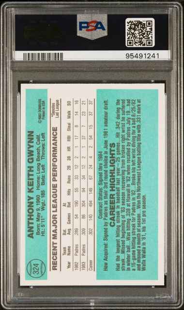 Graded 1984 Donruss Tony Gwynn #324 2nd Year Baseball Card PSA 9 Mint