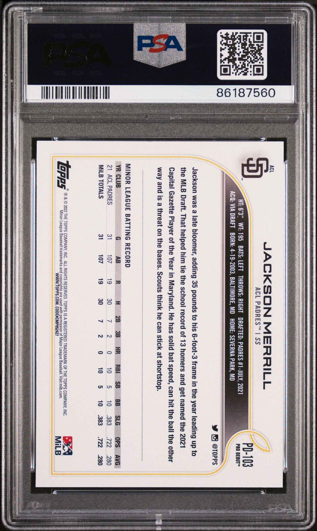 Graded 2022 Topps Pro Debut Jackson Merrill #PD103 Rookie RC Baseball Card PSA 10 Gem Mint