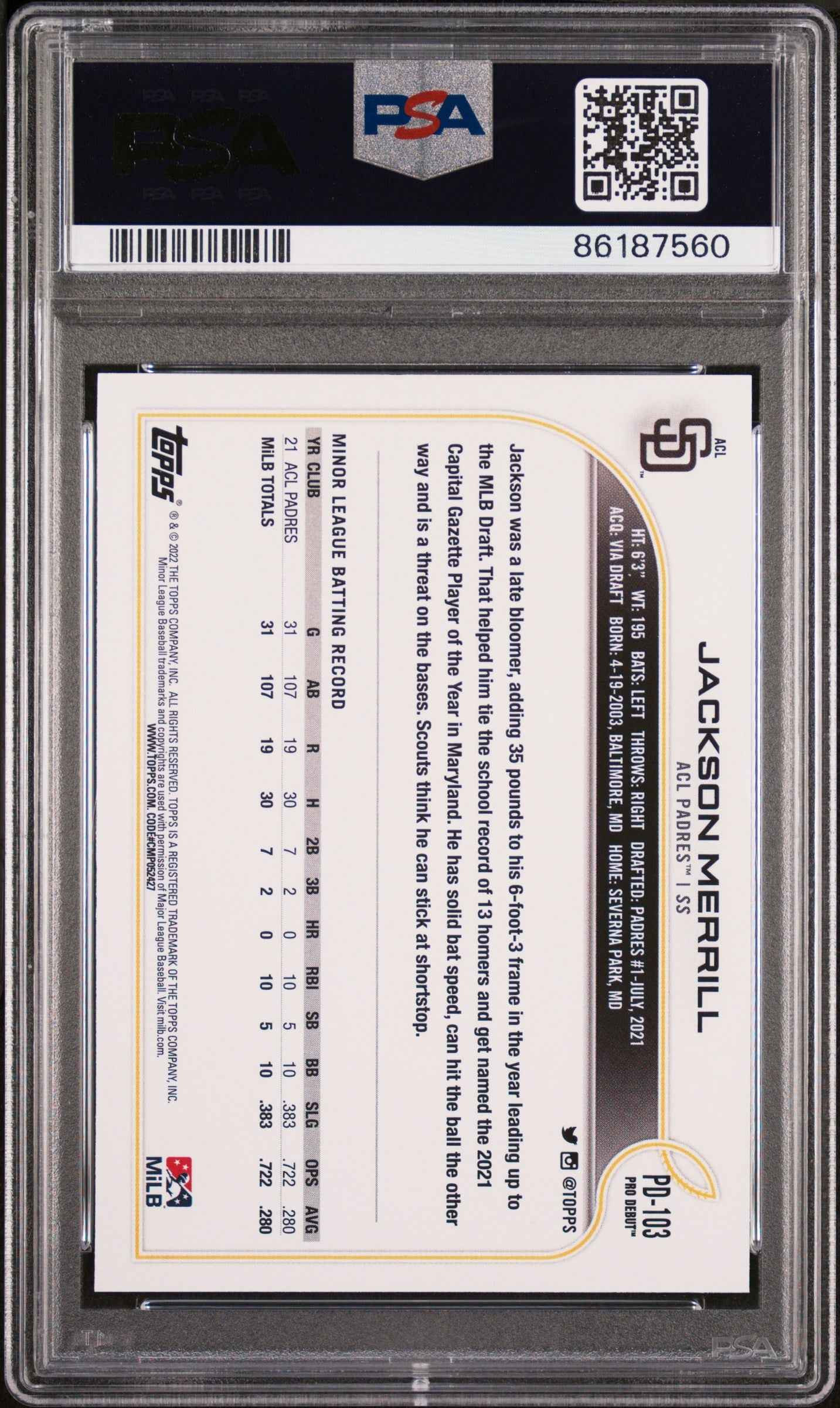 Graded 2022 Topps Pro Debut Jackson Merrill #PD103 Rookie RC Baseball Card PSA 10 Gem Mint