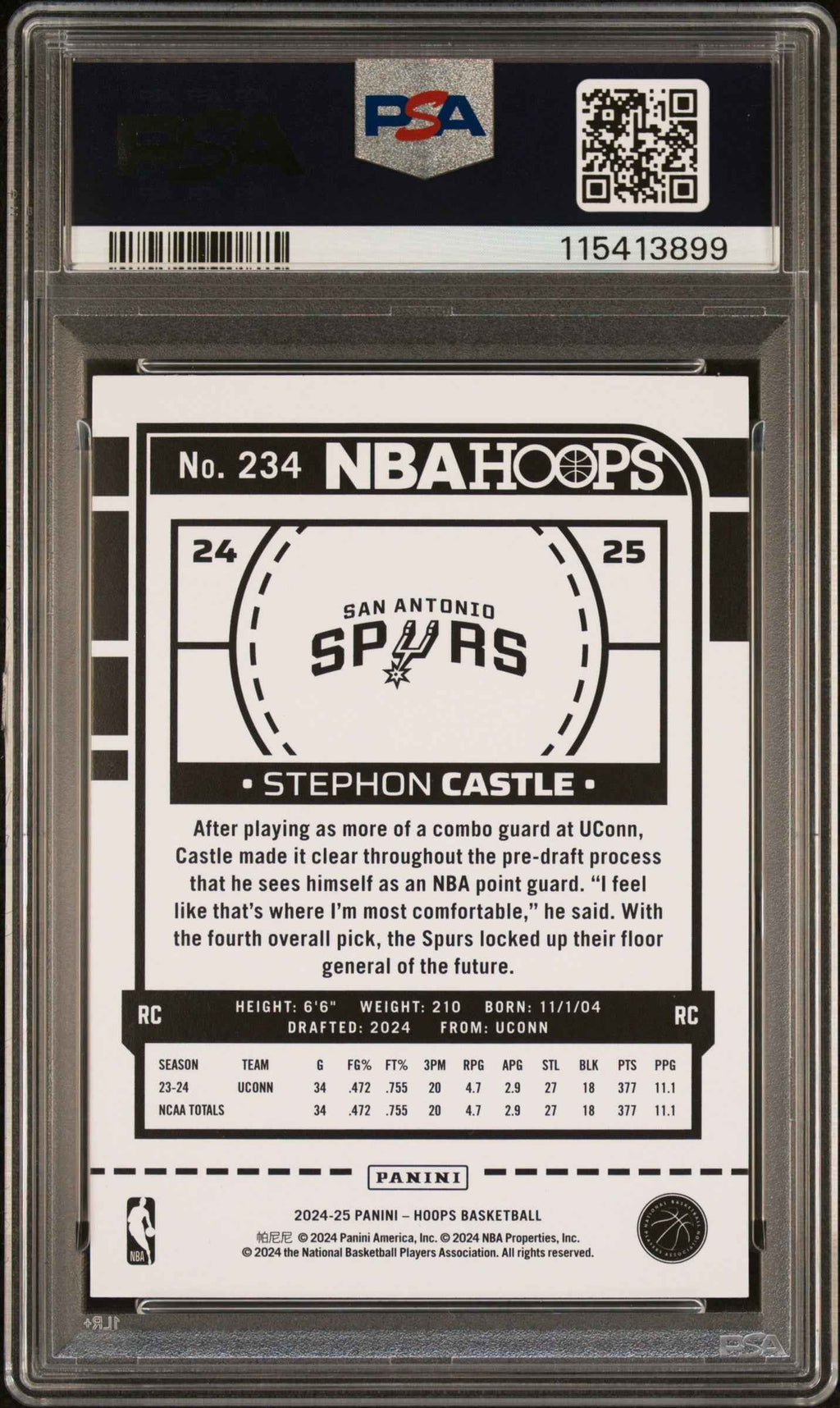 Graded 2024 Panini Hoops Stephon Castle #234 Rookie RC Basketball Card PSA 10 Gem Mint