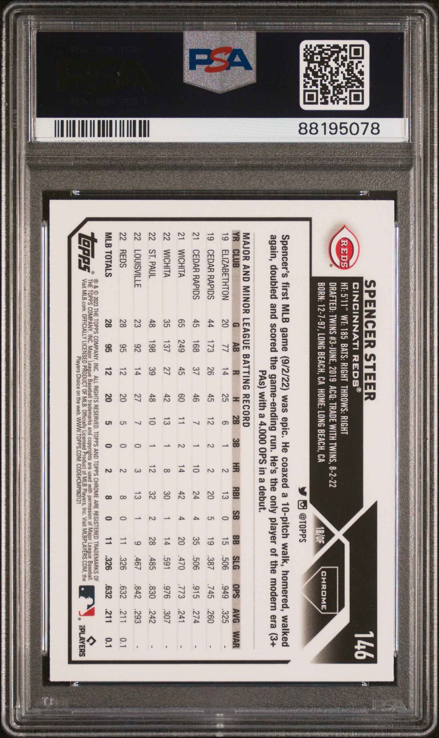 Graded 2023 Topps Chrome Spencer Steer #146 XFractor Rookie RC Baseball Card PSA 10 Gem Mint