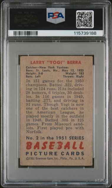 Graded 1951 Bowman Yogi Berra #2 Baseball Card PSA 2 Good