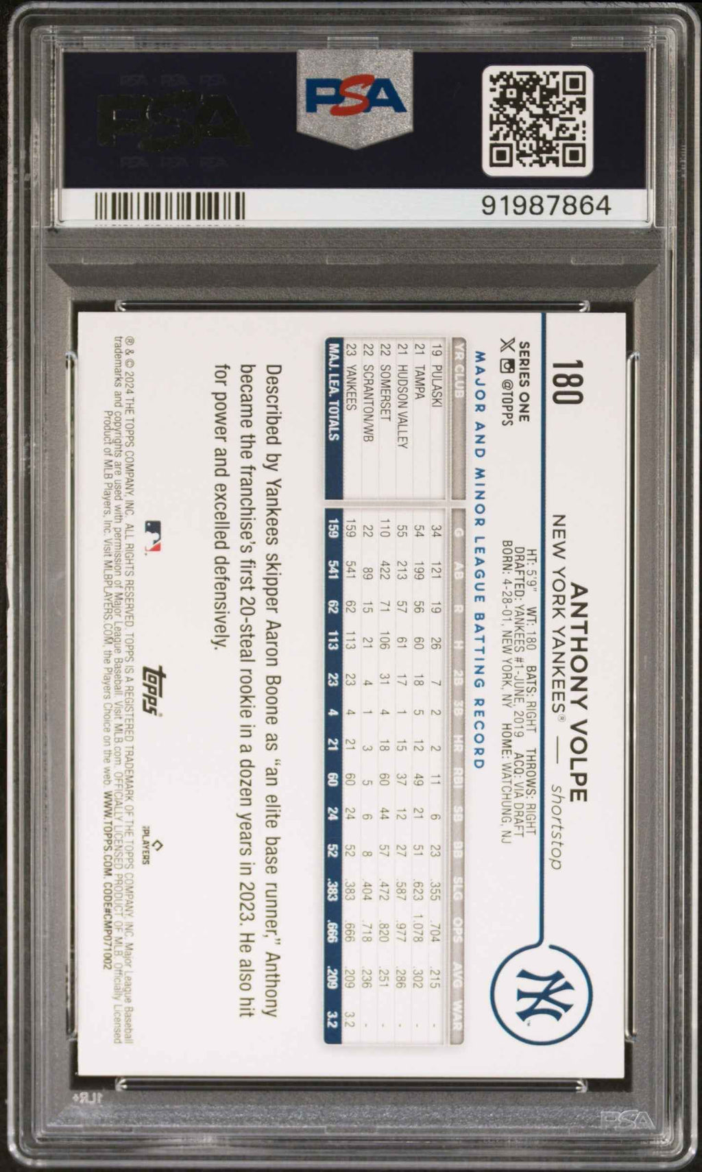 Graded 2024 Topps Anthony Volpe #180 Baseball Card PSA 10 Gem Mint