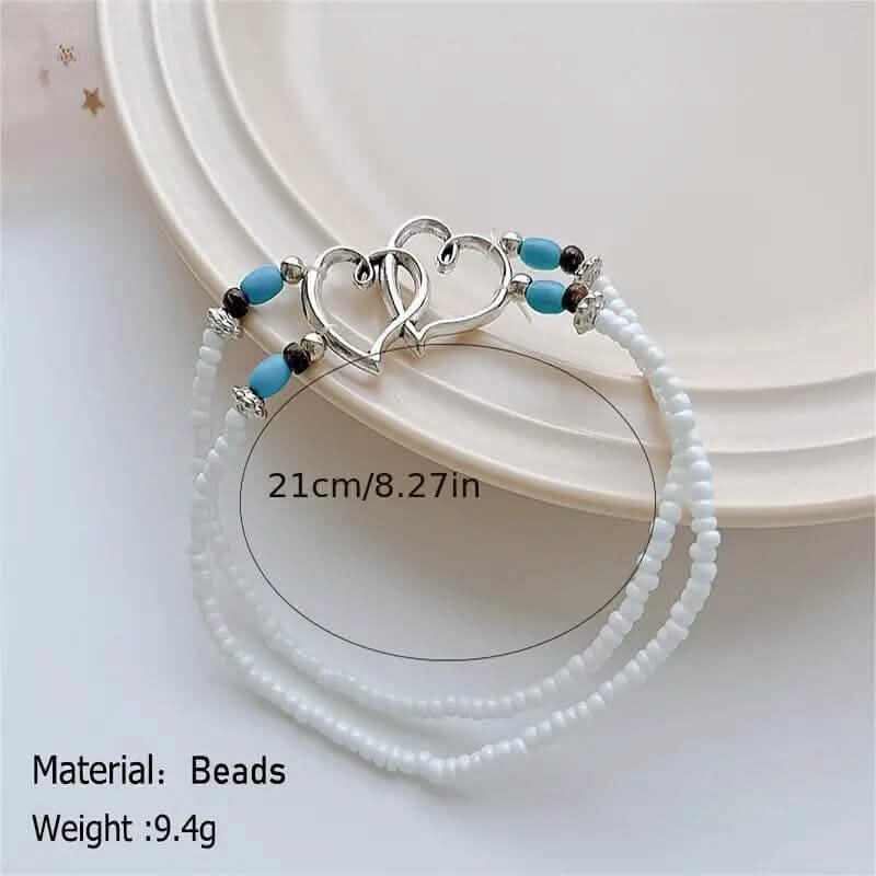 Double Openwork Heart Beaded Anklet Set with Mini Seed Beads