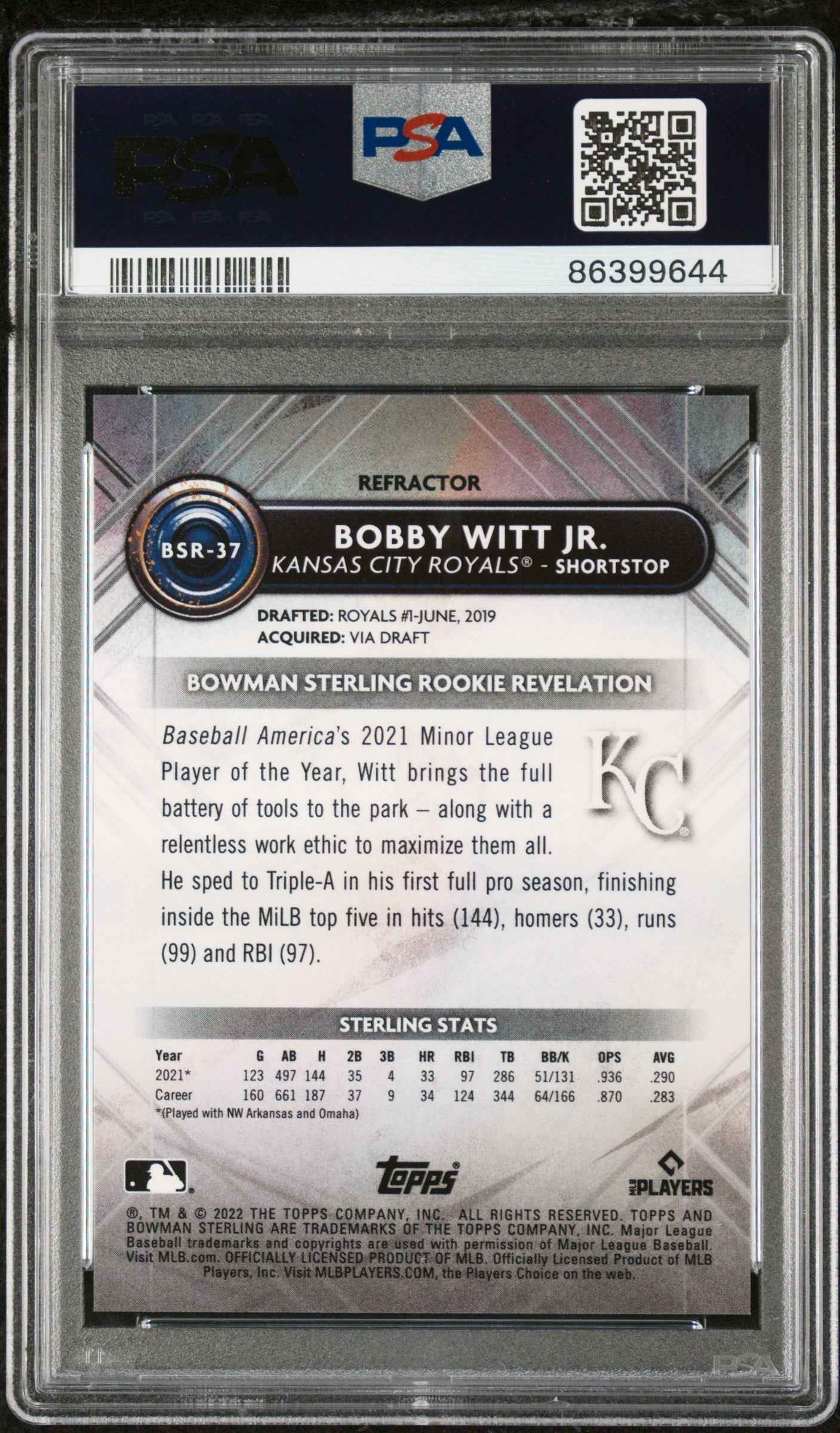 Graded 2022 Topps Bowman Sterling Bobby Witt Jr. #BSR37 Refractor #/199 Rookie RC Baseball Card PSA 10 Gem Mint