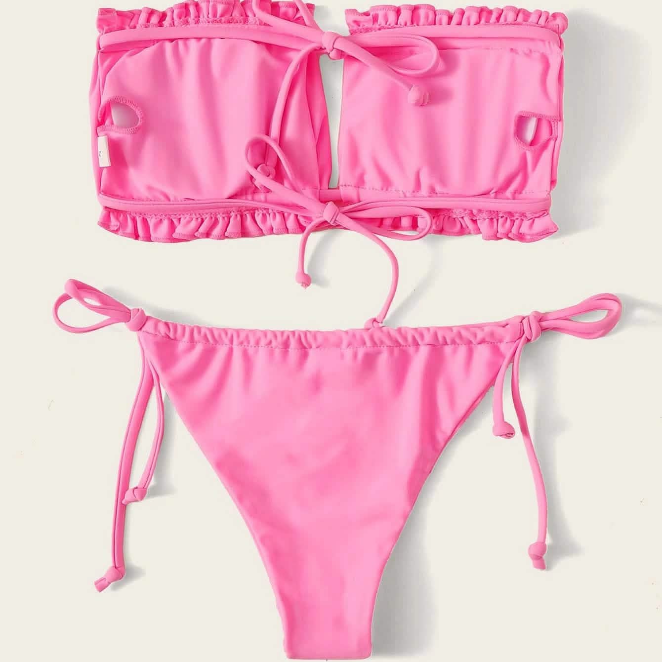 Frill Trim Bandeau Tie Side Bikini Swimsuit