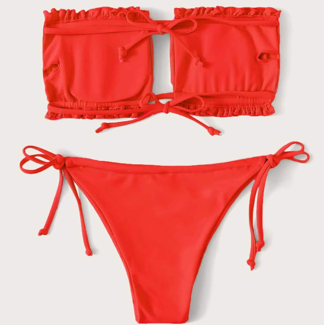 Frill Trim Bandeau Tie Side Bikini Swimsuit