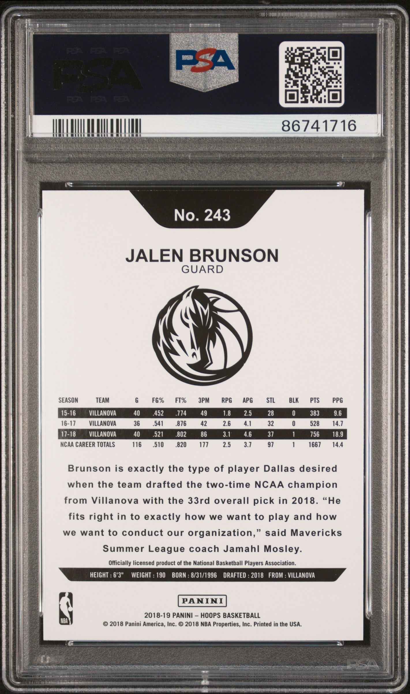 Graded 2018 Panini Hoops Jalen Brunson #243 Rookie RC Basketball Card PSA 10 Gem Mint