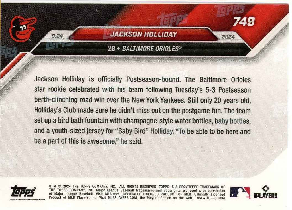 2024 Topps Now Jackson Holliday #749 Purple #/25 Baltimore Orioles Rookie RC Baseball Card