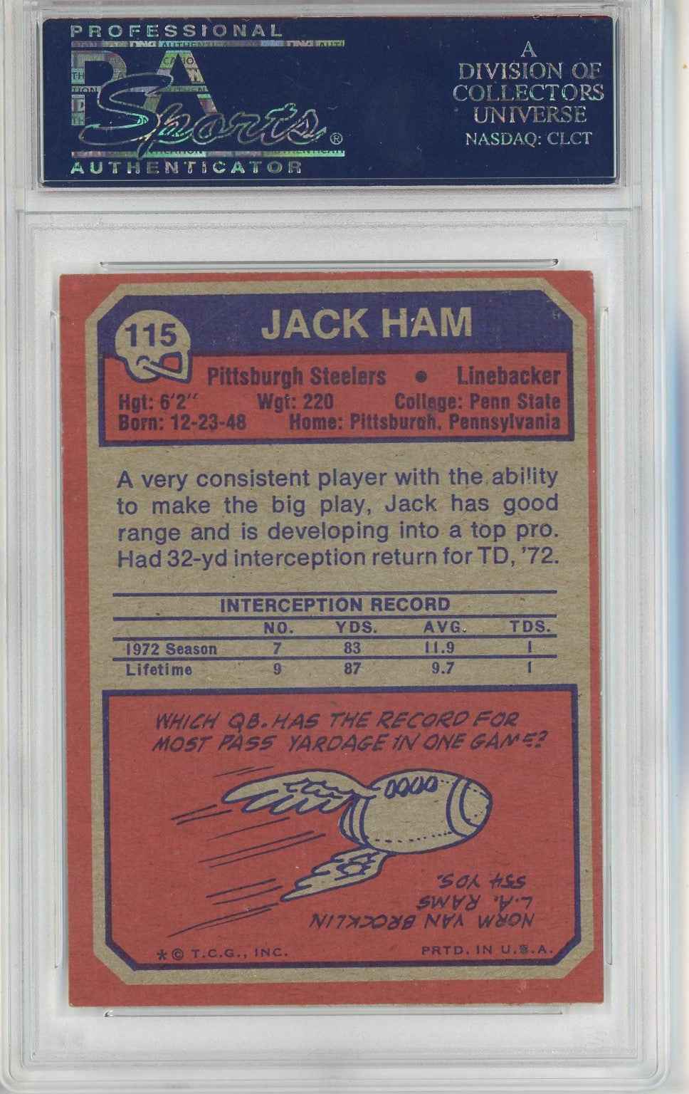 Graded 1973 Topps Jack Ham #115 Rookie RC Football Card PSA 8 NM-MT