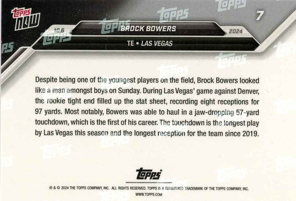 2024 Topps Now Brock Bowers #7 Purple #/25 Las Vegas Raiders Rookie RC Football Card