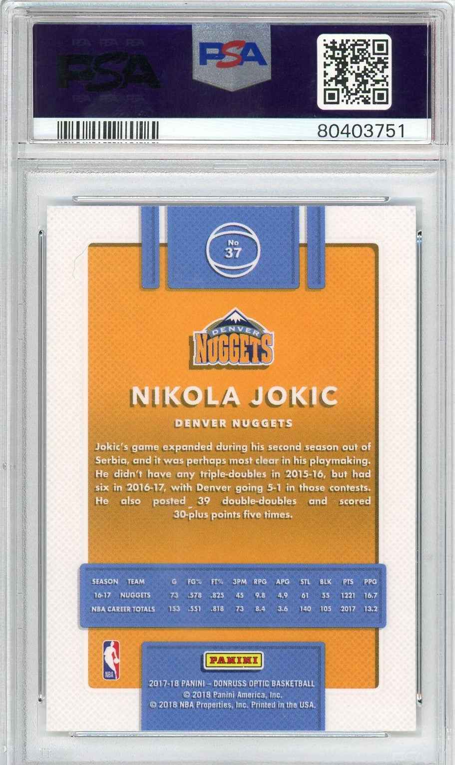 Graded 2017 Panini Donruss Optic Nikola Jokic #37 Basketball Card PSA 10 Gem Mint